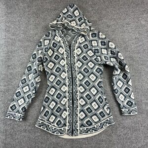 Geometric Cardigan Sweater Womens Medium Blue Full Zip Hooded Knit Long Sleeve